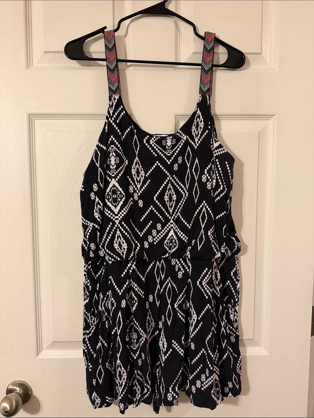 Black & White Geometric Romper with Decorative Straps